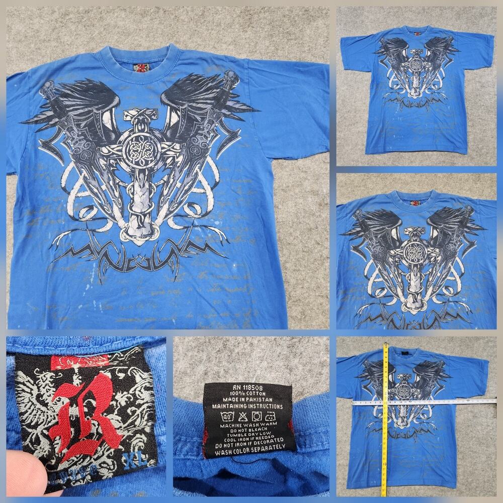 VTG Y2K "Affliction Style" Cross Wings Streetwear Mens XL Blue Graphic T Shirt‎